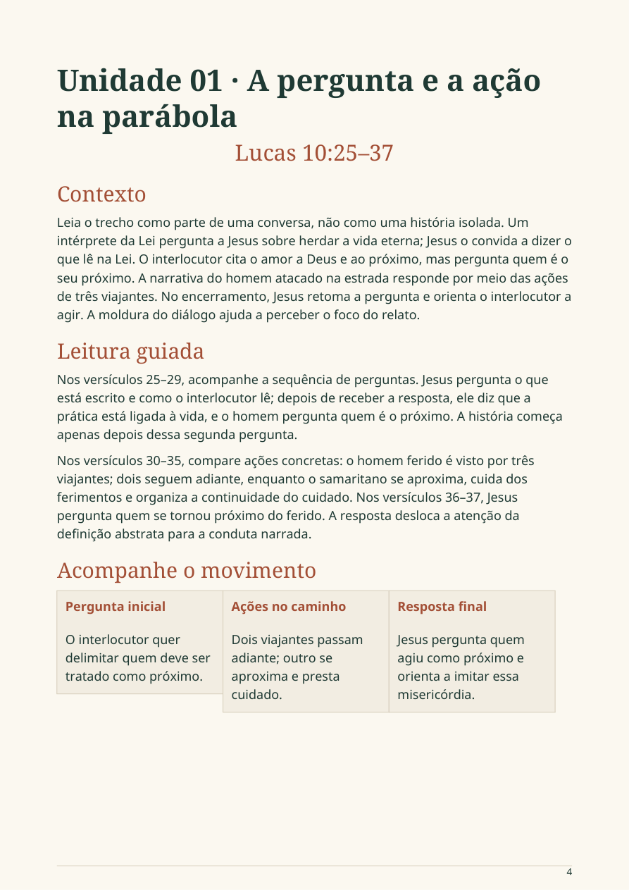 Página real da unidade 1, com contexto de Lucas 10:25–37, leitura guiada e esquema da sequência da parábola