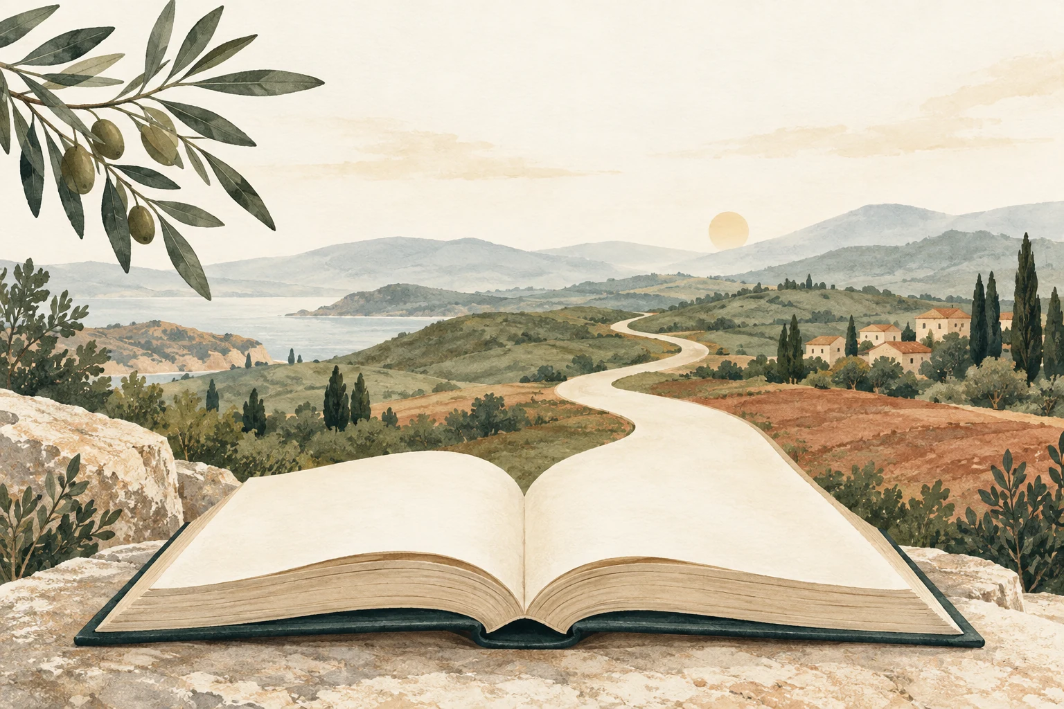 Ilustração de um livro aberto que se transforma em um caminho entre colinas e oliveiras